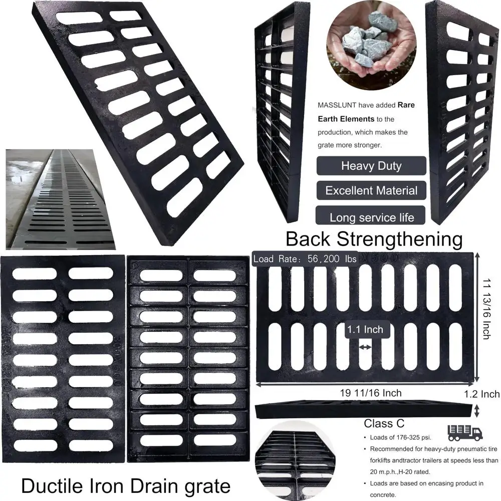 

Heavy Duty Cast Iron Drain Grate, 20x12 Outdoor Sewer Cover, C-Class Durable Channel Grate, Black Rectangular Drainage System