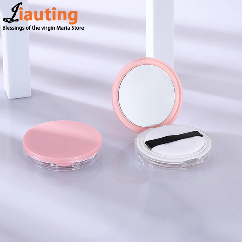 1pc Portable Ultra-thin Plastic Powder Box Loose Pot Travel Makeup Jar Sifter Container with Powder Puff Mirror