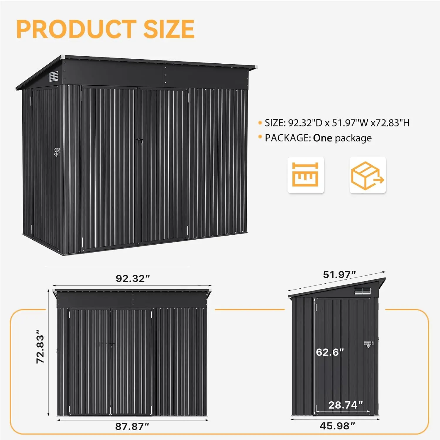 4'x8' Shed Outdoor Storage Shed with Triple Lockable Door | Metal Storage Cabinet with Slopping Roof for Tools Bicycles, Custom