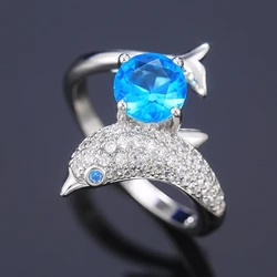 Exquisite Cute Dolphin Shape Rings for Women Silver Color with Blue/White Cubic Zirconia Party Jewelry Girl's Birthday Gifts