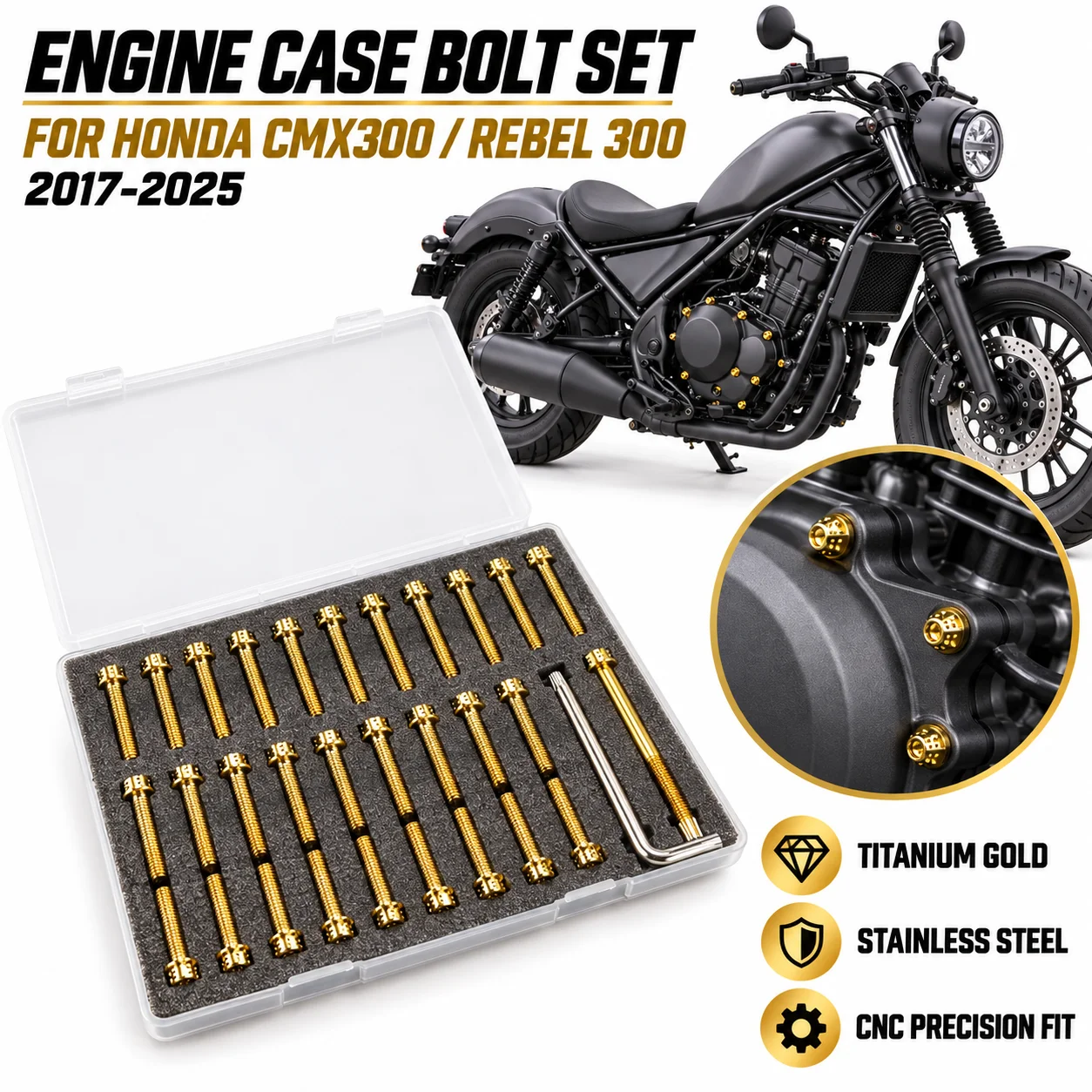 Motorcycle Engine Case Bolt Set Stainless Steel CNC Screws Titanium Gold For Honda CMX300 Rebel300 2017-2025 Engine Cover Fasten