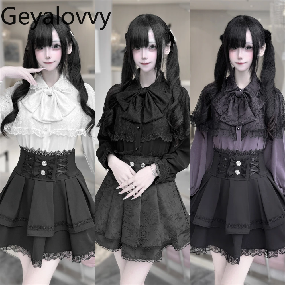

Original Japanese Style Mass-Produced Sweet Cape Veil Shirt Long Sleeve Bow Collar Top and High-Waisted Short Skirt Set
