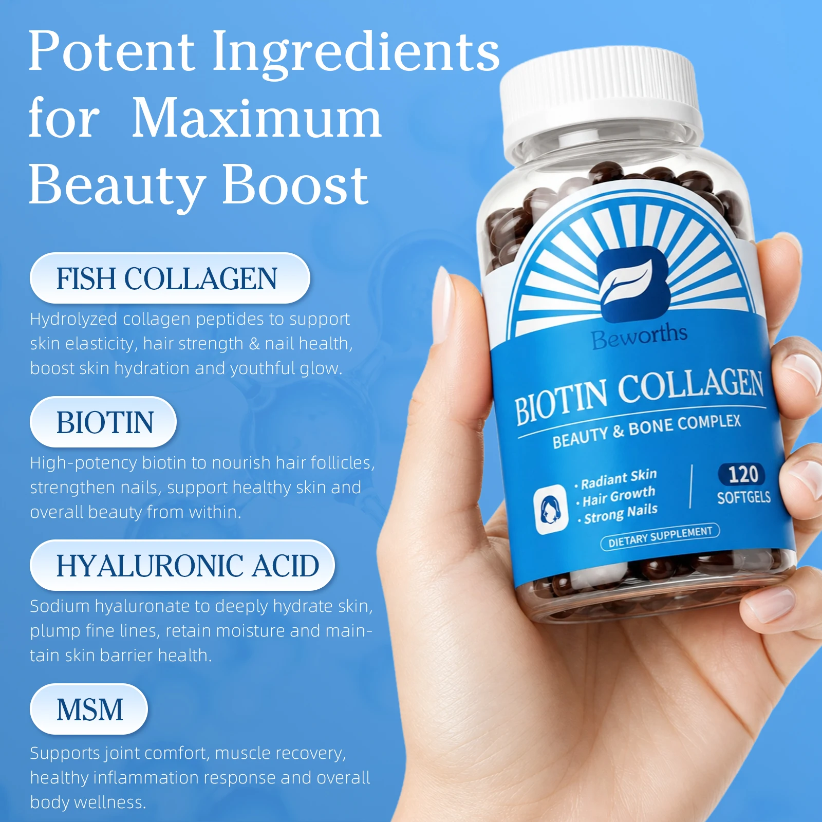 BEWORTHS Collagen and Biotin Capsules Biotin for Hair Growth Healthy Nails &Skin Hair Farming Supplement Beauty Health Skin Care