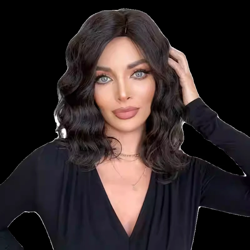 Synthetic 16 inch forehead lace women medium curly black bob, lace model comfortable daily wear trim temperament hair cover