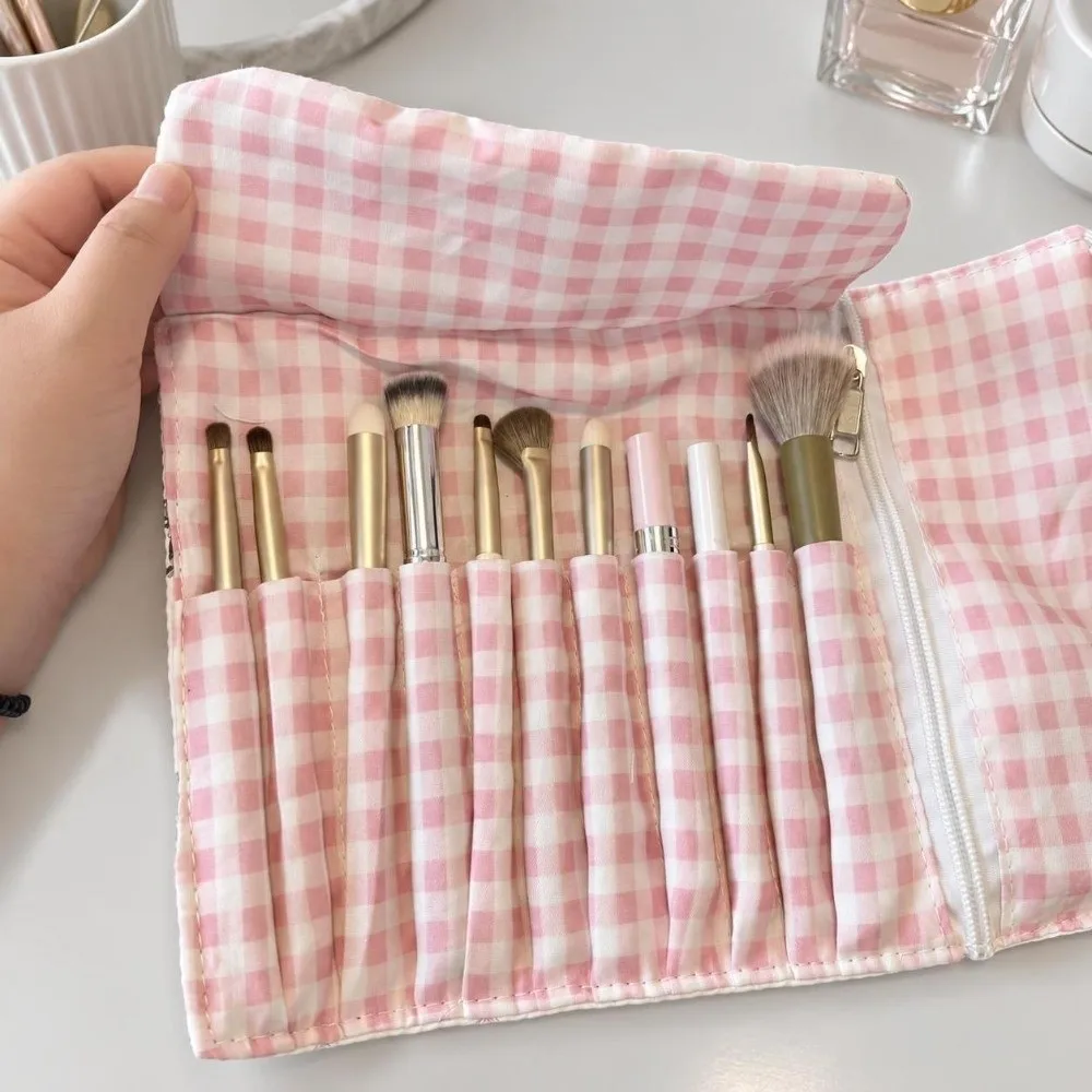 Multi-Slot Makeup Brush Roll Bag Roll-Up Ribbon-Tie Cosmetic Brush Pouch Grid Pattern Portable Brush Storage Wrap