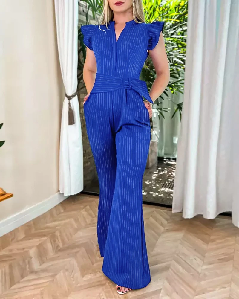 Women’s Jumpsuits Striped V Neck Ruffle Flutter Sleeve Flared Jumpsuits Casual Overalls with Belt Daily Casual Single Set