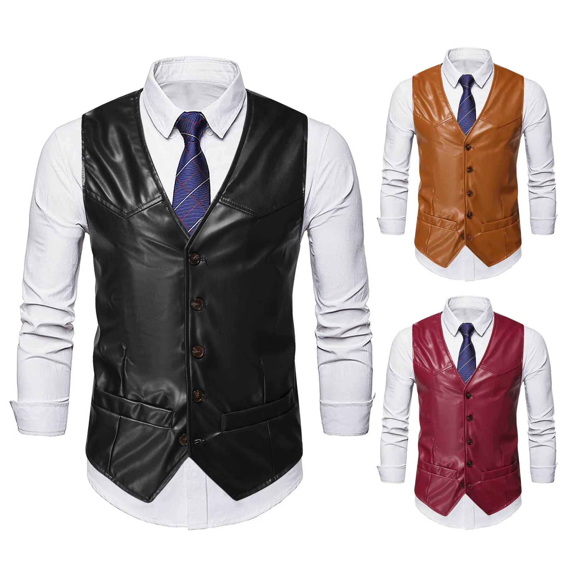 

European and American fashion retro men's horse clip round neck short sleeve casual leather vest men