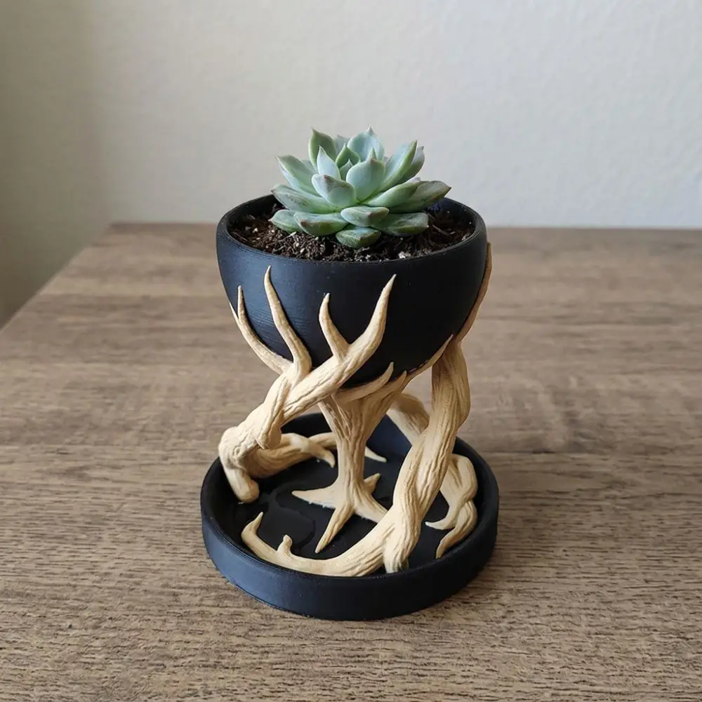 3D Printed Tree Root Planter Pot Twisting Branch Base Drainage Tray Fun Root Flower Pot Unique Lifelike Novelty Desktop Planter