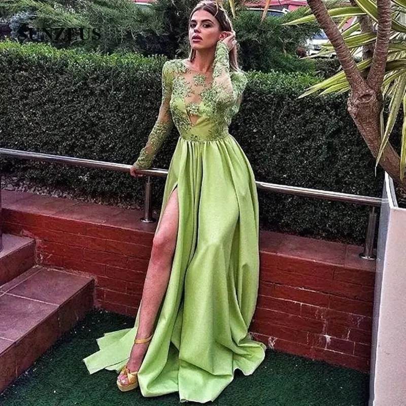 

Sage Green Evening Dresses With Long Sleeves Appliques Lace Bodice Long Satin Prom Party Gowns With Side Slit Sexy Backless