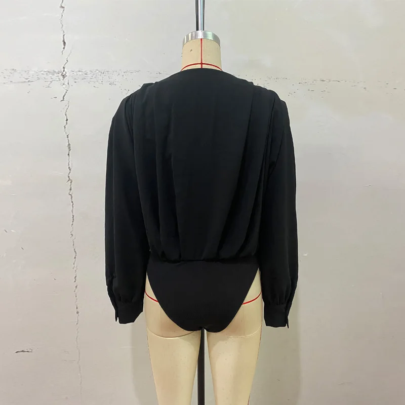 Benuynffy أسود الخامس الرقبة فانوس كم ارتداءها النساء 2025 الخريف موضة جديدة مكتب سيدة عالية الخصر قطعة واحدة Bodys امرأة علوية