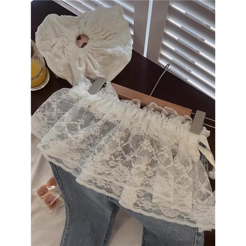 Sweet Lace Short Skirt with Apron Hemline Layered Heavy Embroidery A-Line Women's Style Fairy Skirt Short Length PU Material