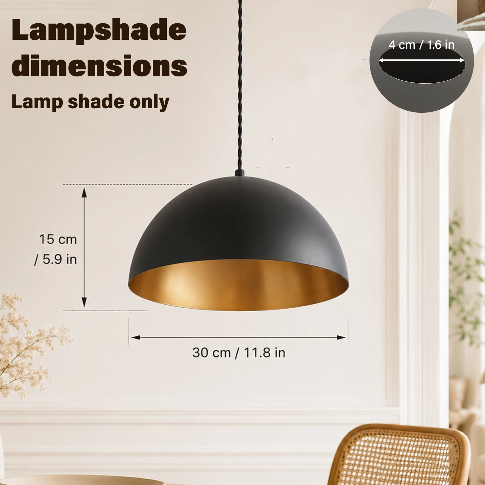 Black Dome Lamp Shade, Gold Inside Half Round Metal for Pendant Ceiling Floor Lamp Replacement