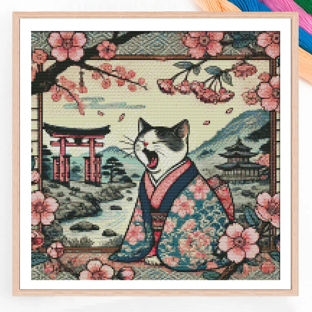 Neue Kreuzstich-Stickerei mit Katze und Kirschblüten, 11ct, vollständige Stickerei, Tierlandschaft, bedruckte Leinwand, handgefertigtes Geschenk