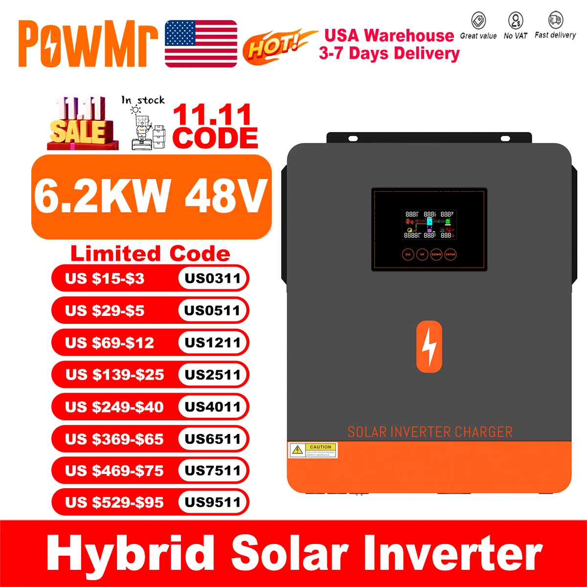 

Гибридные солнечные инверторы PowMr 6,2 кВт, 48 В, выход 230 В переменного тока с зарядным устройством MPPT 120 А для максимальной панели входа PV 500 В постоянного тока и батареи Lifepo4