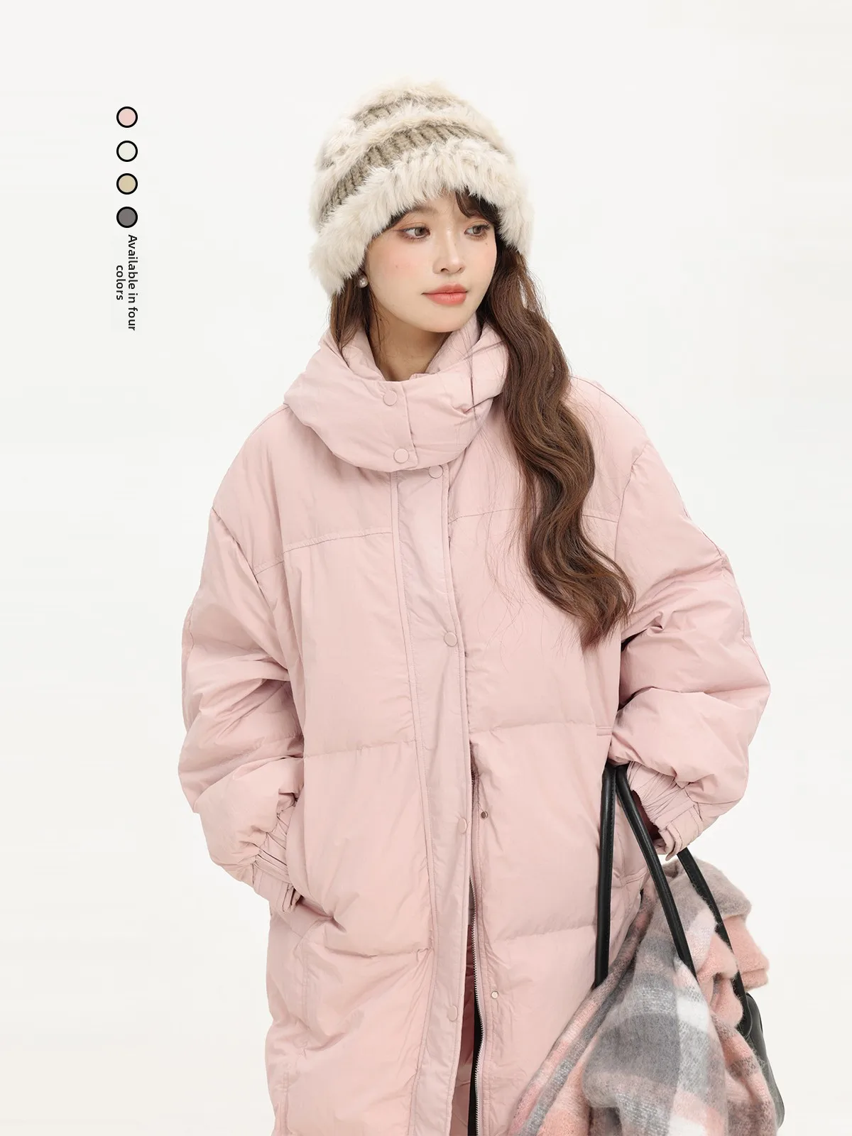Xinmon Long Hooded down Jacket Knee-Length Warm Korean Style Women's Coat Thickened White Duck Feather Zipper Closure