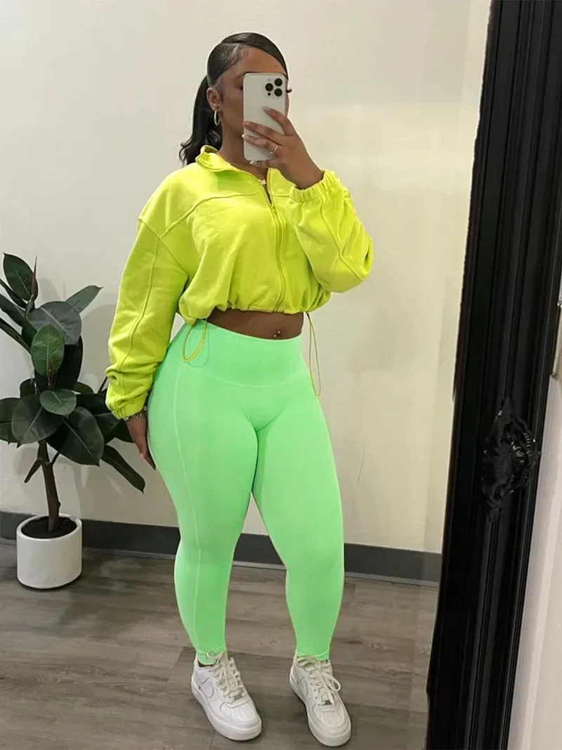 

GUWU Autumn Winter Casual Sporty Suit Set Womens 2 Piece Outfit Active Wear Drawstring Bomber Jacket and Leggings Matching Sets