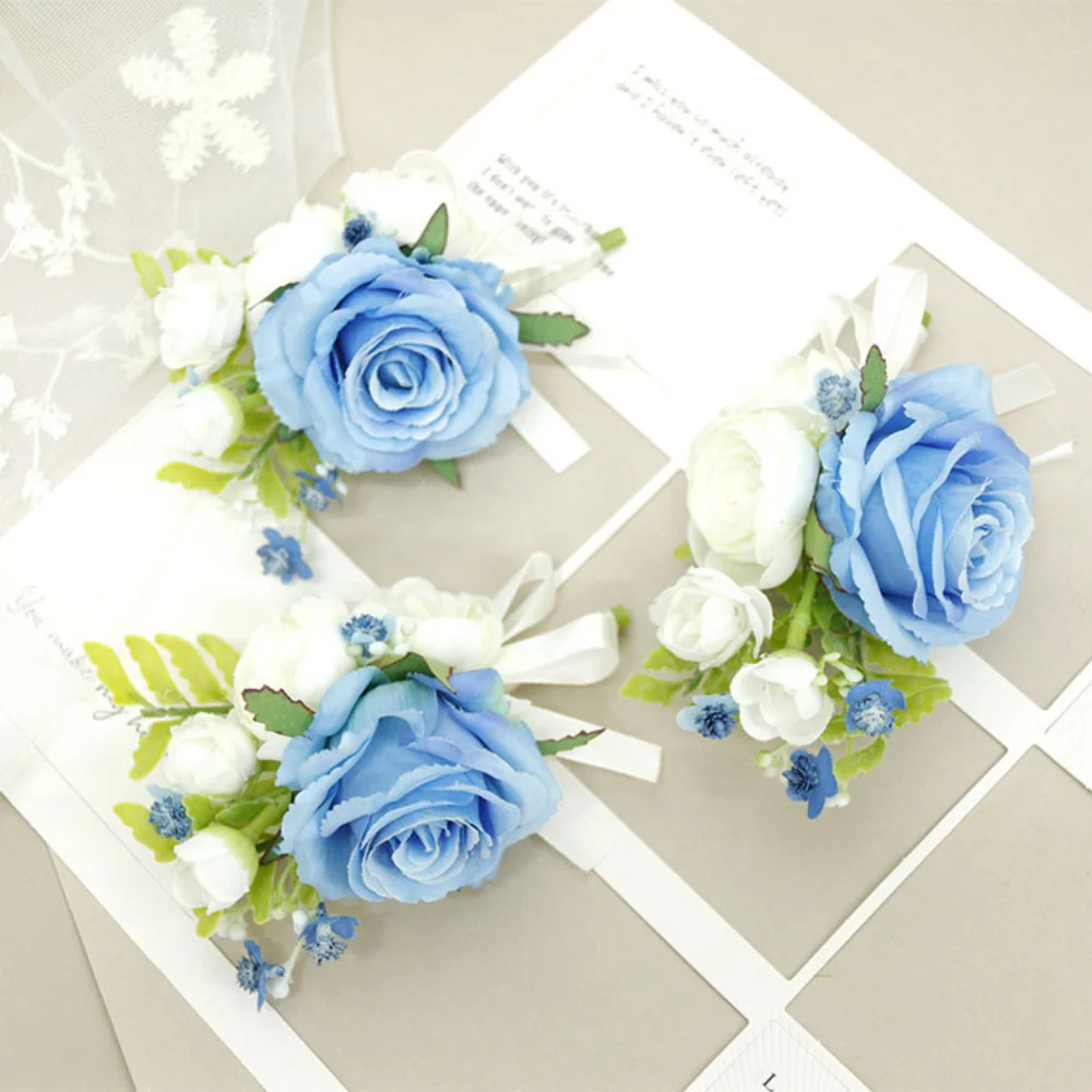 Branco e azul Seda Rose Boutonnieres casamento para homens, ternos pinos, flores artificiais, madrinha Corsage, Wrist Prom