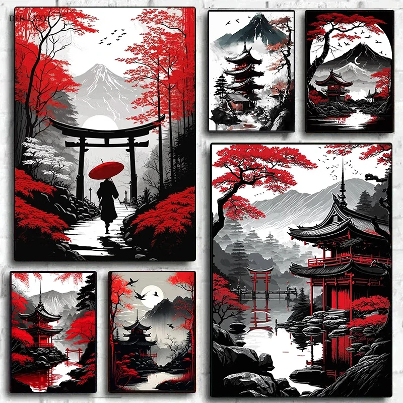 Canvas Painting Japanese Natural Landscape Mountain Temple Canvas Posters Vintage Black Red Ink Art Wall Art Prints Home Decor
