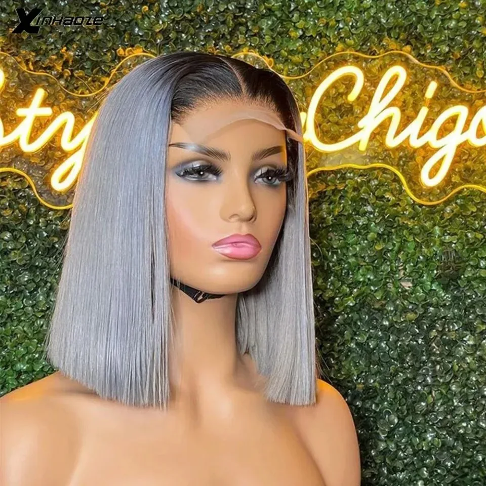 أومبير رمادي شعر مستعار قصير مستقيم الدانتيل شعر مستعار أمامي 13X4 HD بوب الدانتيل الباروكة الأمامية غلويليس قبل قطعها الاصطناعية اليومية تأثيري للنساء