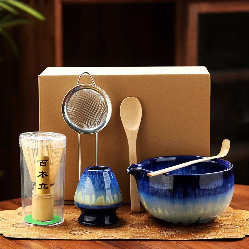 Kit de inicio para hacer Matcha de estilo japonés, 6 uds., con cuencos de cerámica, soporte para batidor de tazas, cuchara tamizadora de batidor de bambú para amantes del té