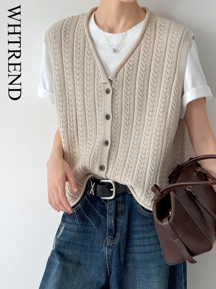

WHTREND Autumn Winter New Hollow Out Women's Knitted Vest Cardigan Versatile Sleeveless V-Neck Sweater Top WH1219
