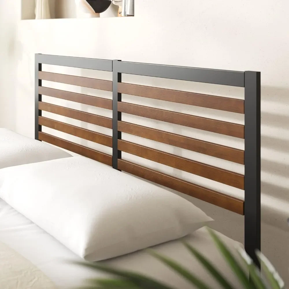 Bamboo and Metal Platform Bed Frame with Headboard, No Box Spring, Easy To Assemble, Queen Size Bed, Brown