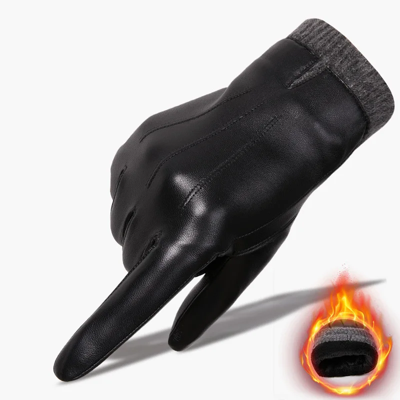 

New Genuine Velvet Thickened Warm Touch Screen Gloves Riding Winter Goatskin Leather Glove for Men Driving Mittens