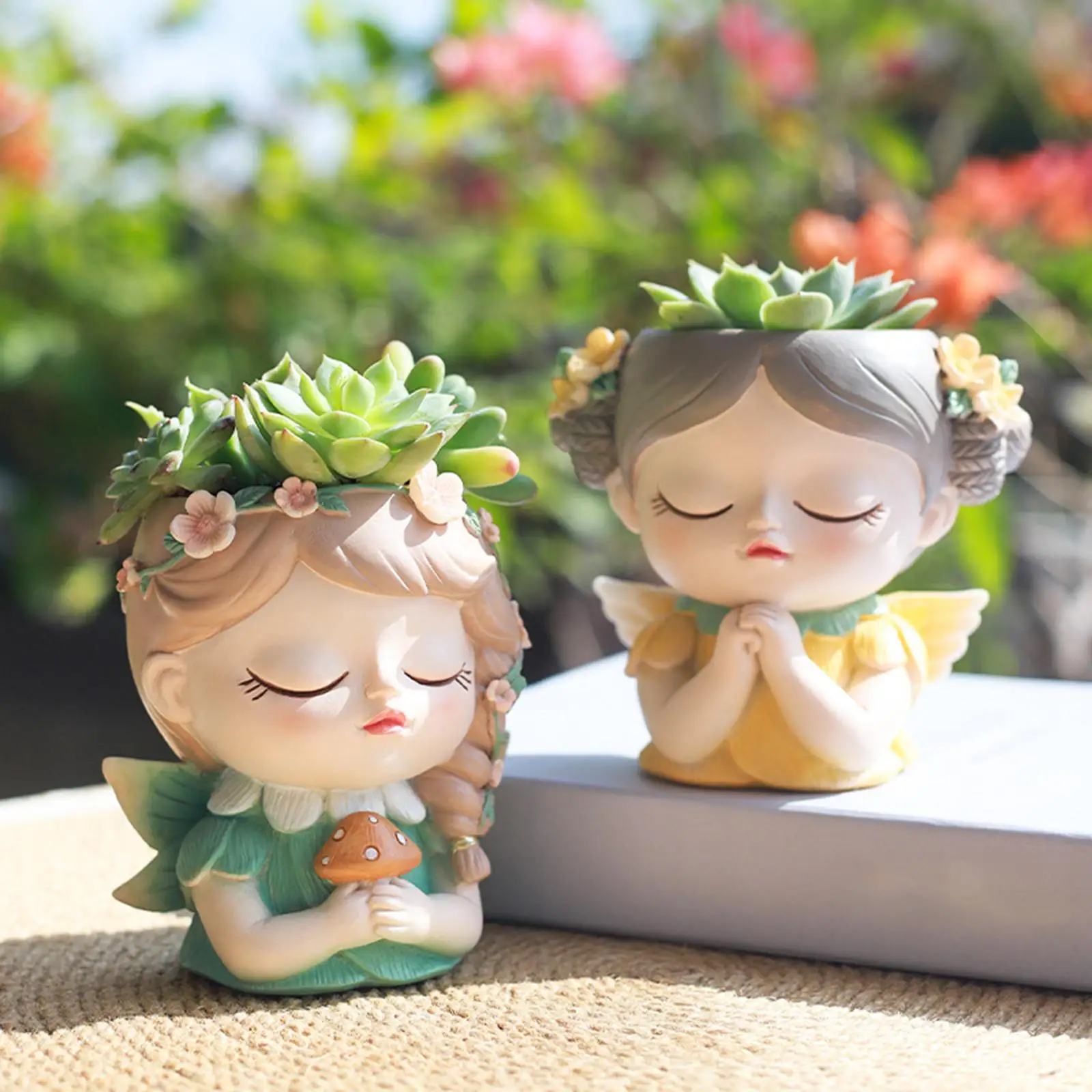 Creative Girl Statue Flower Pot with Drainage Hole Resin Planter Vase for Office Bedroom Bookshelf Garden Decor Cute Face
