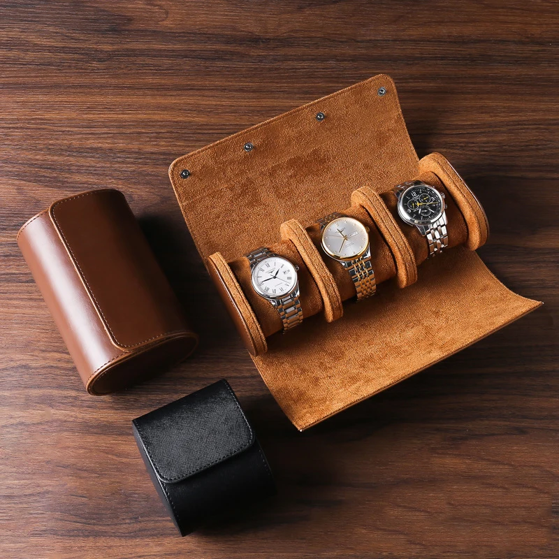 

Wholesale Handmade 3-Slot Display Smart Watch Packing Boxes Travel PU Leather Case with Glass Material Roll Watch Case Packaging