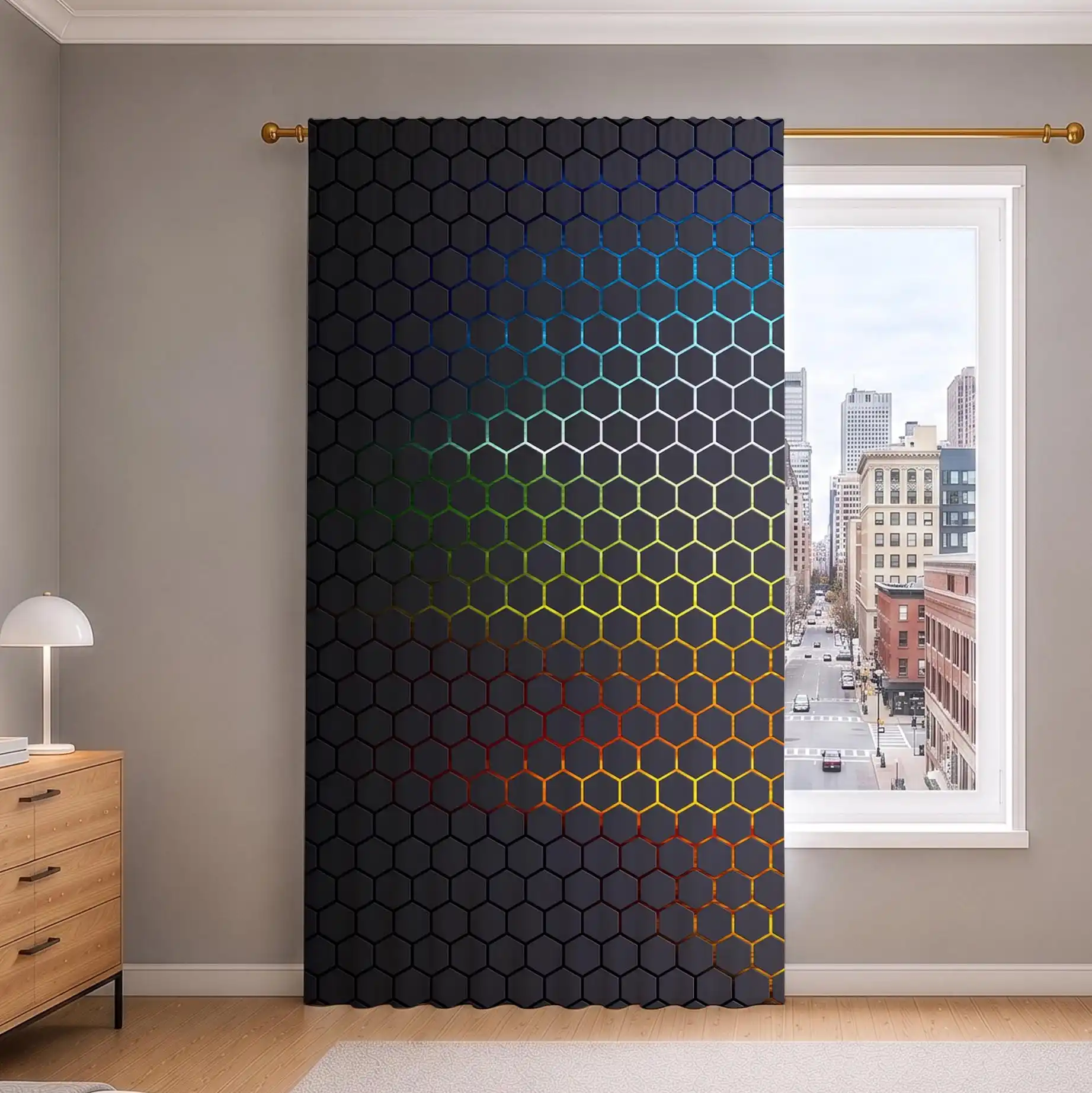 Modern Hexagon Pattern Curtains for Living Room Home Decor Semi-Sheer Window Drapes