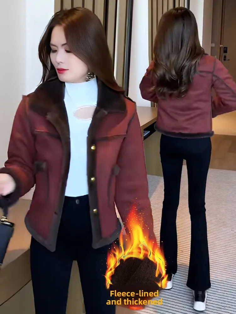 Damen Fce gefütterter Thiened ort Jaet Winter New Sle Faionable Leder und Pelz Inteated Mantel Europäische Größe Klein