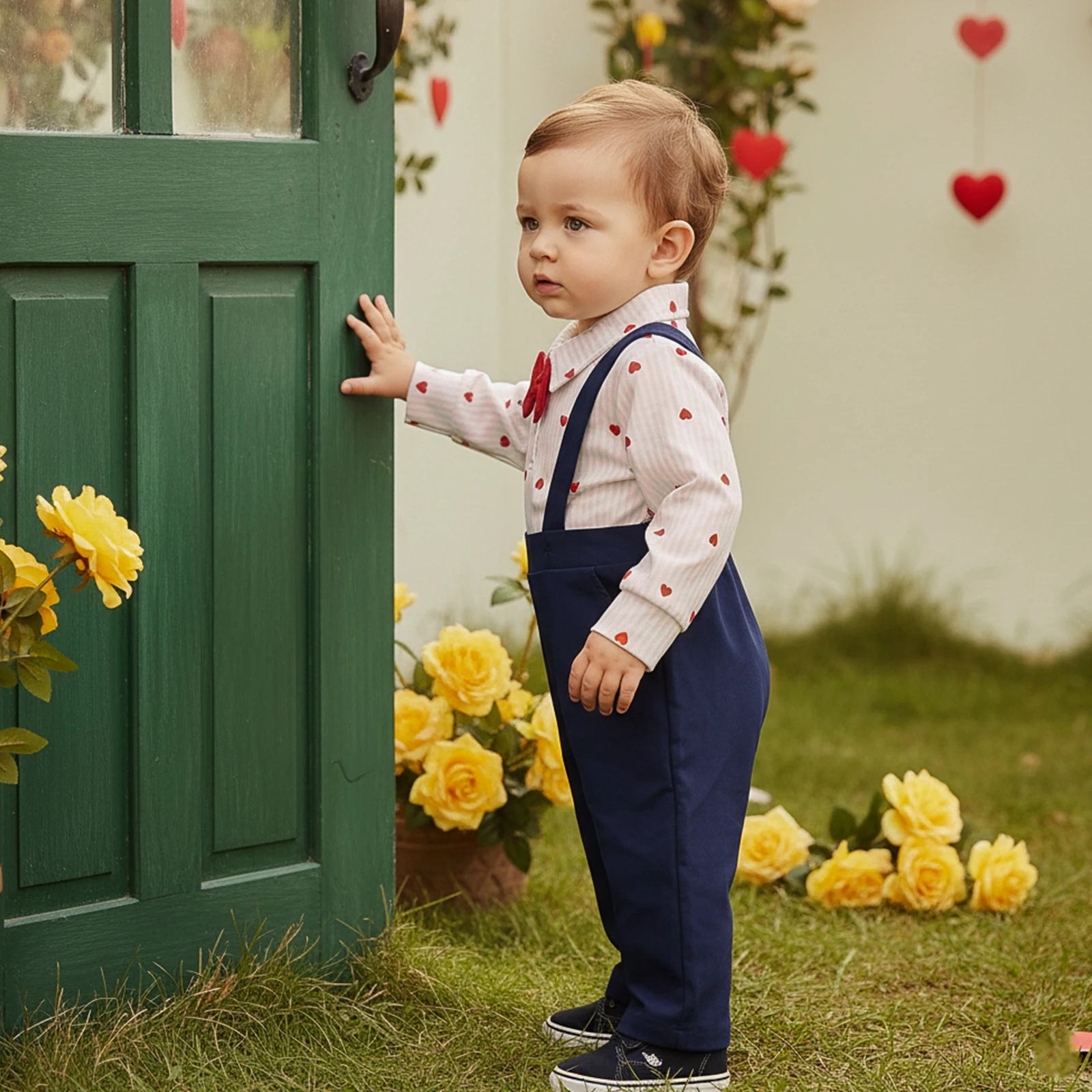 الرضع الصبي شهم 2 قطعة الزي طويلة الأكمام التلبيب الرقبة العلوي زر ربطة ديكور قميص رومبير وسراويل الحمالة