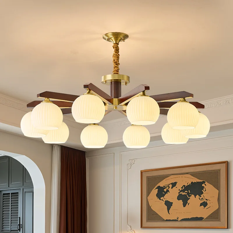 Medieval style living room chandelier All copper solid wood American retro style bedroom dining room light Simple and advanced l