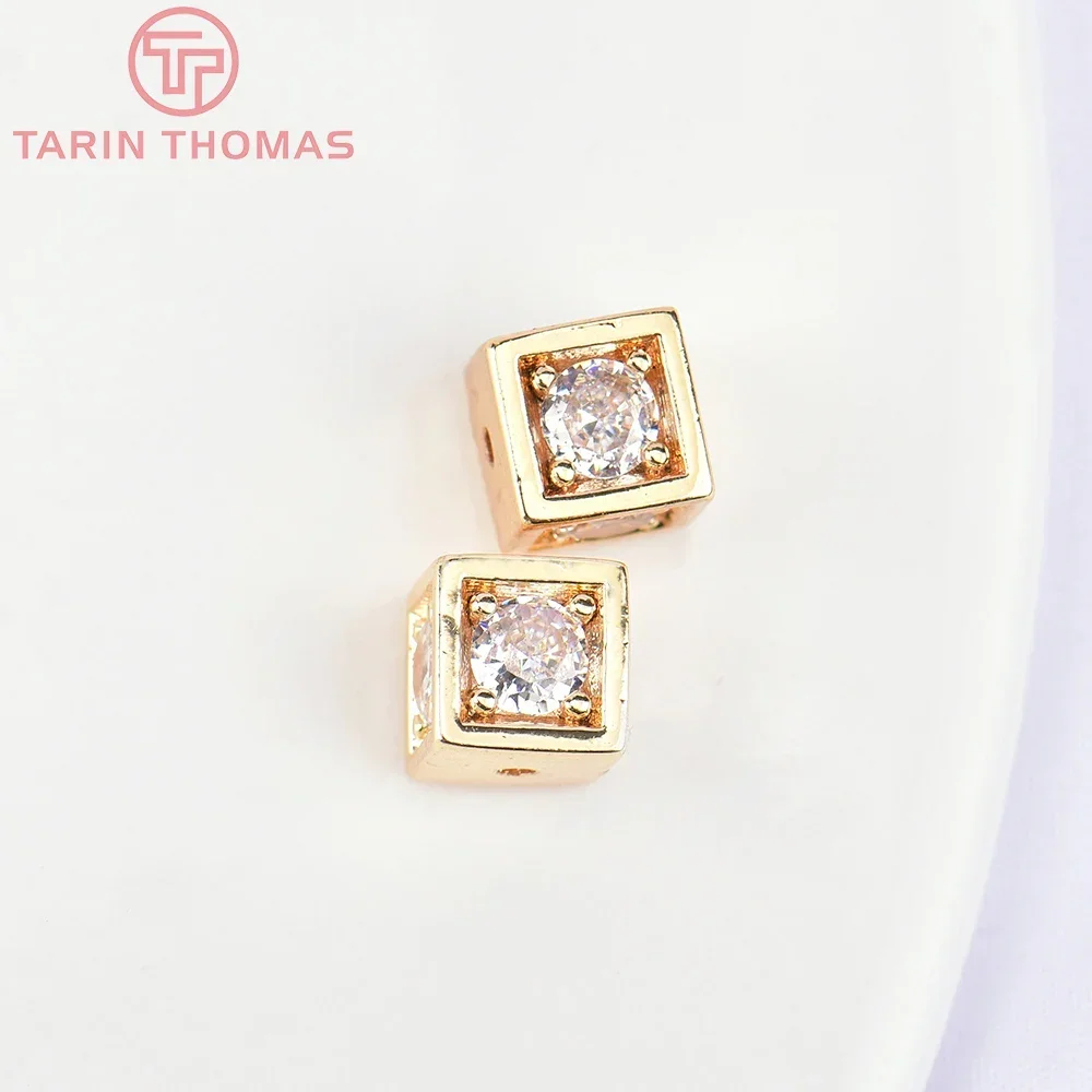 (5727)4PCS 6.5x7 มม.24K GoldสีทองเหลืองZircon Square Spacerลูกปัดสร้อยข้อมือลูกปัดเครื่องประดับคุณภาพสูงอุปกรณ์เสริม