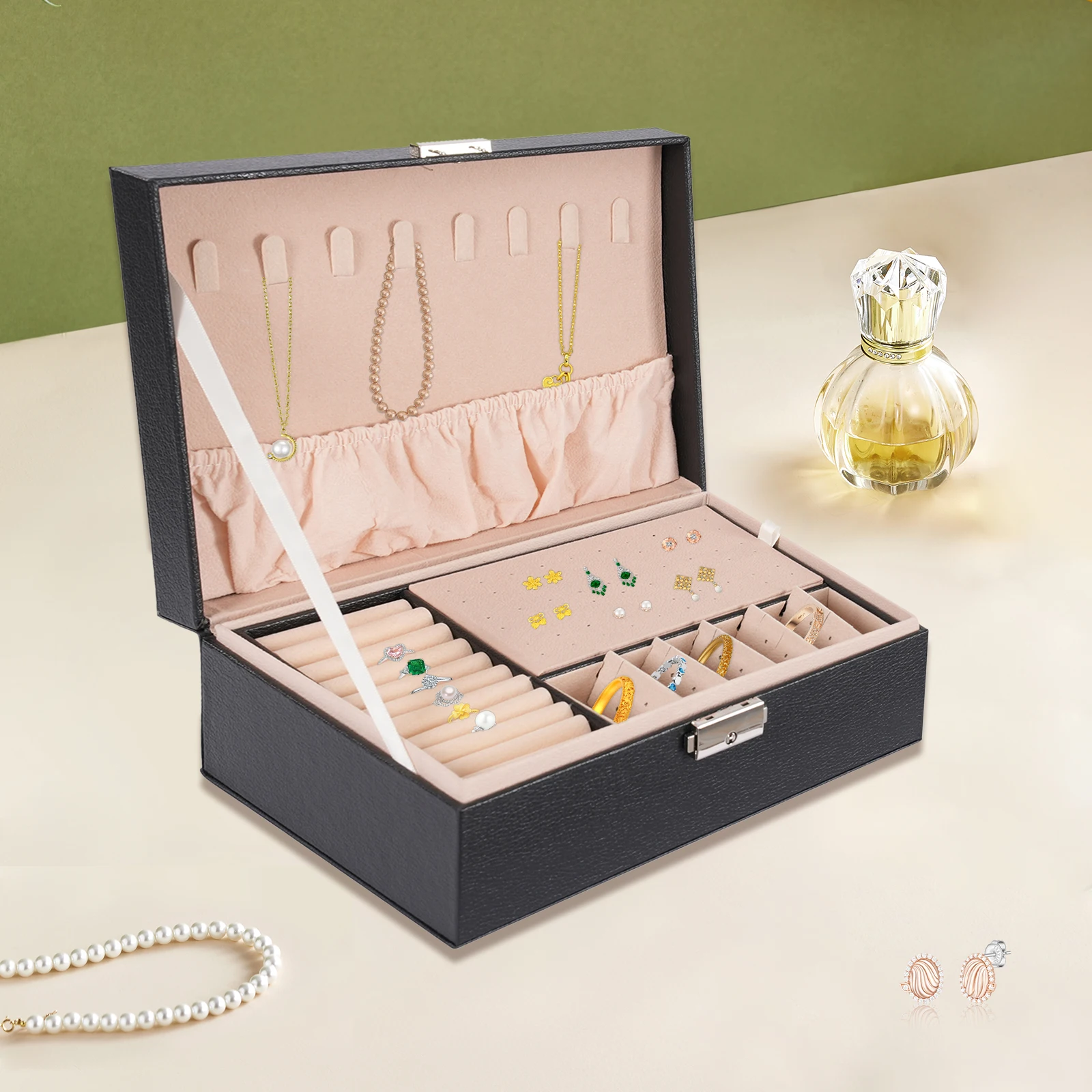 

2-Stage Jewelry Box with Lock Black Velvet Interior for Rings Necklaces Earrings Storage Gift Women