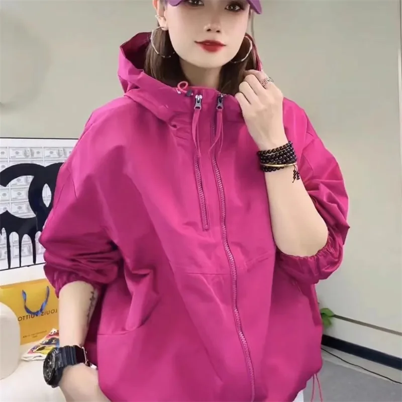 2025 Mujer Color sólido prendas de vestir con capucha primavera otoño mujeres doble cremallera abrigo corto Retro señoras manga larga chaqueta Stormtrooper