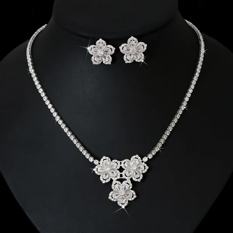 HIBRIDE CZ Crystal Flower Shape Women Necklace And Earrings Bridal Jewelry Sets For Wedding Dress Accessories Bijoux Femme N-553