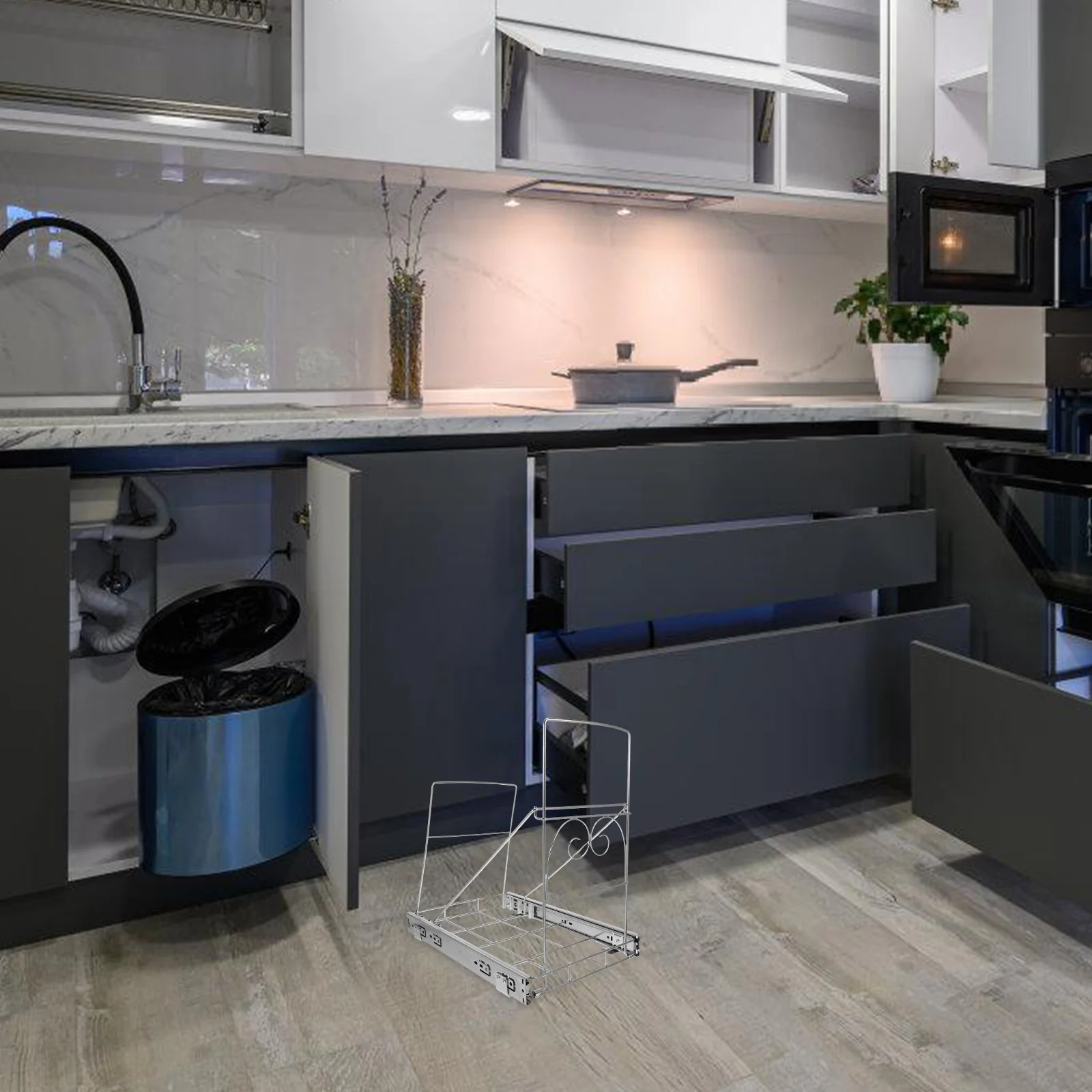 Регулируемый кухонный шкаф, мусорный бак, выдвижная полка, 7–11 галлонов, выдвижная полка под раковиной для мусора на 28–4 литра с местом для хранения