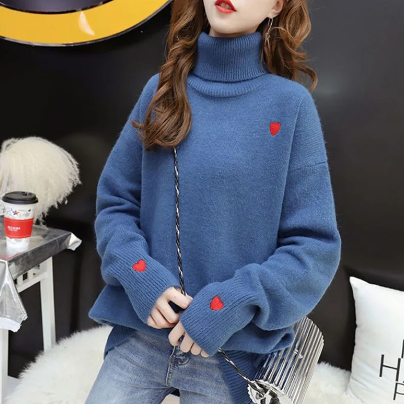 Women\'s Embroidered Turtleneck Long Sleeve Knitwear, Loose,Sweet Fashion, Elegant, All-Match Tops, Ladies, Autumn, Winter