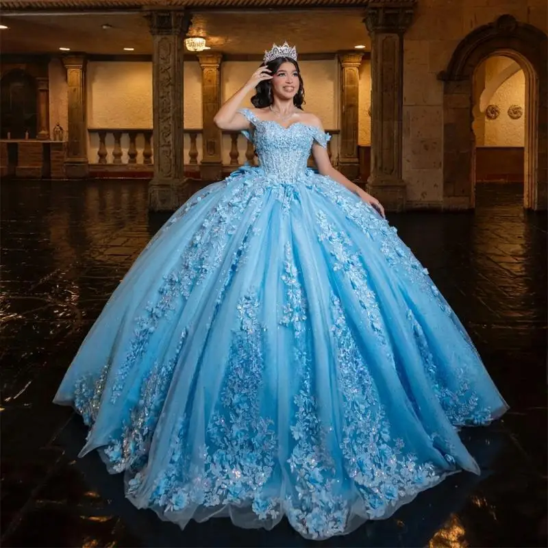 

Blue Applique Quinceanera Dresses 2025 Beads Princess Ball Gown With Bow Birthday Dress vestidos de 15 años Customized