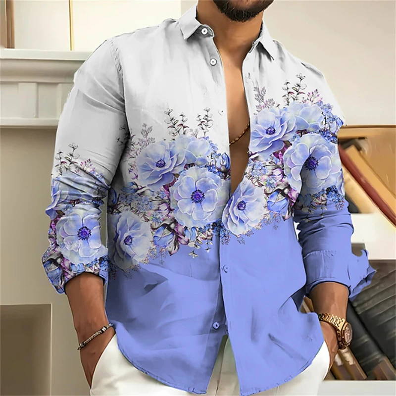 Men\'s button-up shirt casual business spring and summer plus size long sleeve flat lapel street resort wear fashionable casual