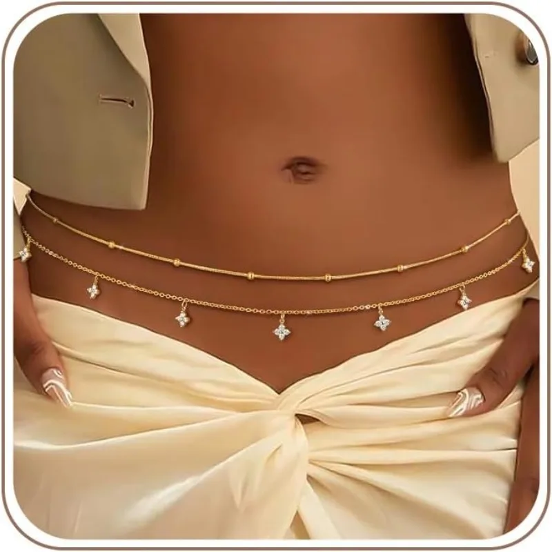 Sexy wasserdichte 14K vergoldete Taillenkette für Damen, zierliche, geschichtete Bauchkette, Körperkette, Gürtel, Strand-Schmuckgeschenke