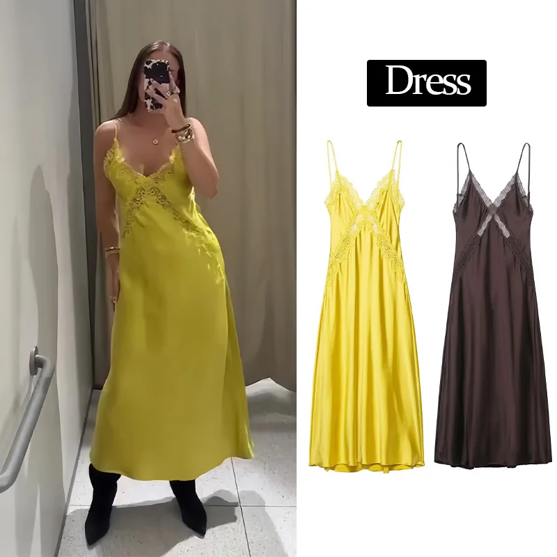 HH 2026 Women Summer Sling Midi Dresses Yellow Hollow Out V-neck Lace Cutout Sleeveless Elegant Sexy Slim Stain Dress For Party