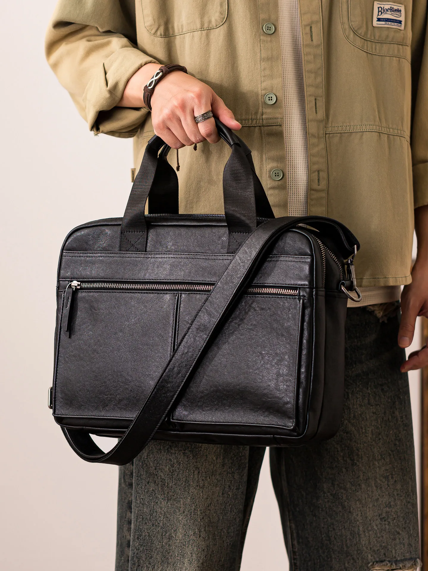 

casual designer handmade genuine leather men's black briefcase business work real cow leather luxury laptop messenger bag