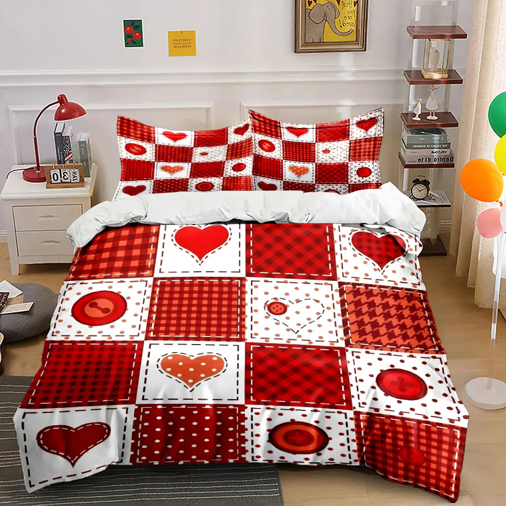 

Red hearts and plaid patchwork design Duvet Cover Set with 3D Printing Design Soft Polyester Bedding Set All-Season Comfort