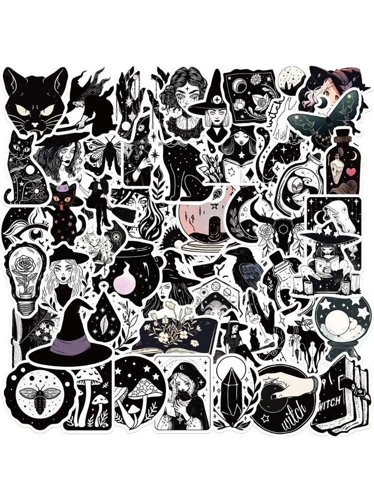AliExpress NONE 50PCS Cartoon Black and White Gothic Witch Waterproof Graffiti Stickers For Helmet Bicycle Pencil Case Decals AnimeWorlds Store
