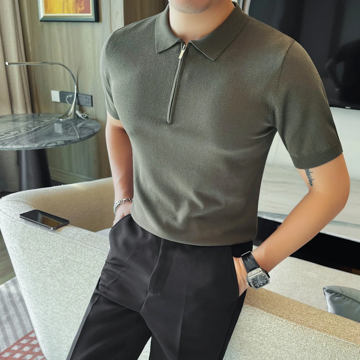 British Style Short Sleeved Polo Shirts Men Zipper Knitted Casual  T-shirt Business Social Sports Golf Pullover Tee Men Clothing