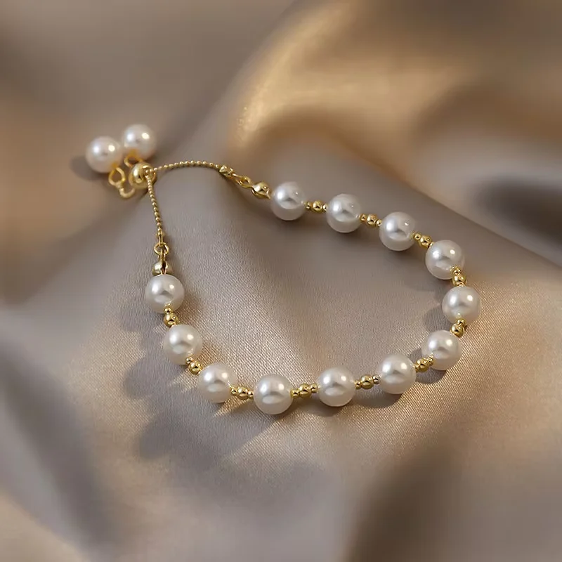 Elegant Pearl Beaded Bracelet for Women Adjustable Gold Chain Imitation Pearl Bracelet Wedding Party Jewelry Gift