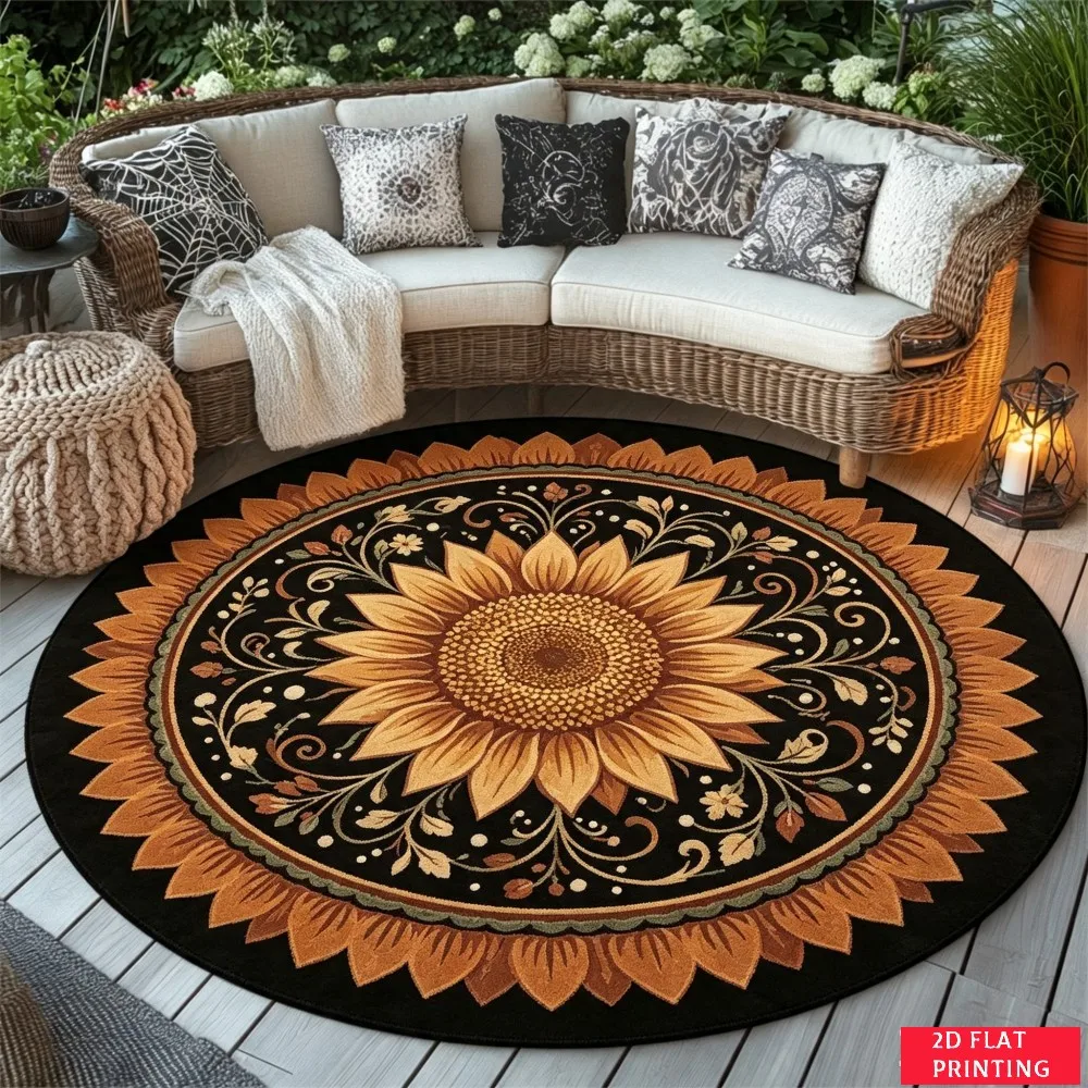 Bohemian Peacock Feather Mandala Earth Tone Round Carpet For Outdoor Patio Featuring Tribal Elegance Carpet Charm