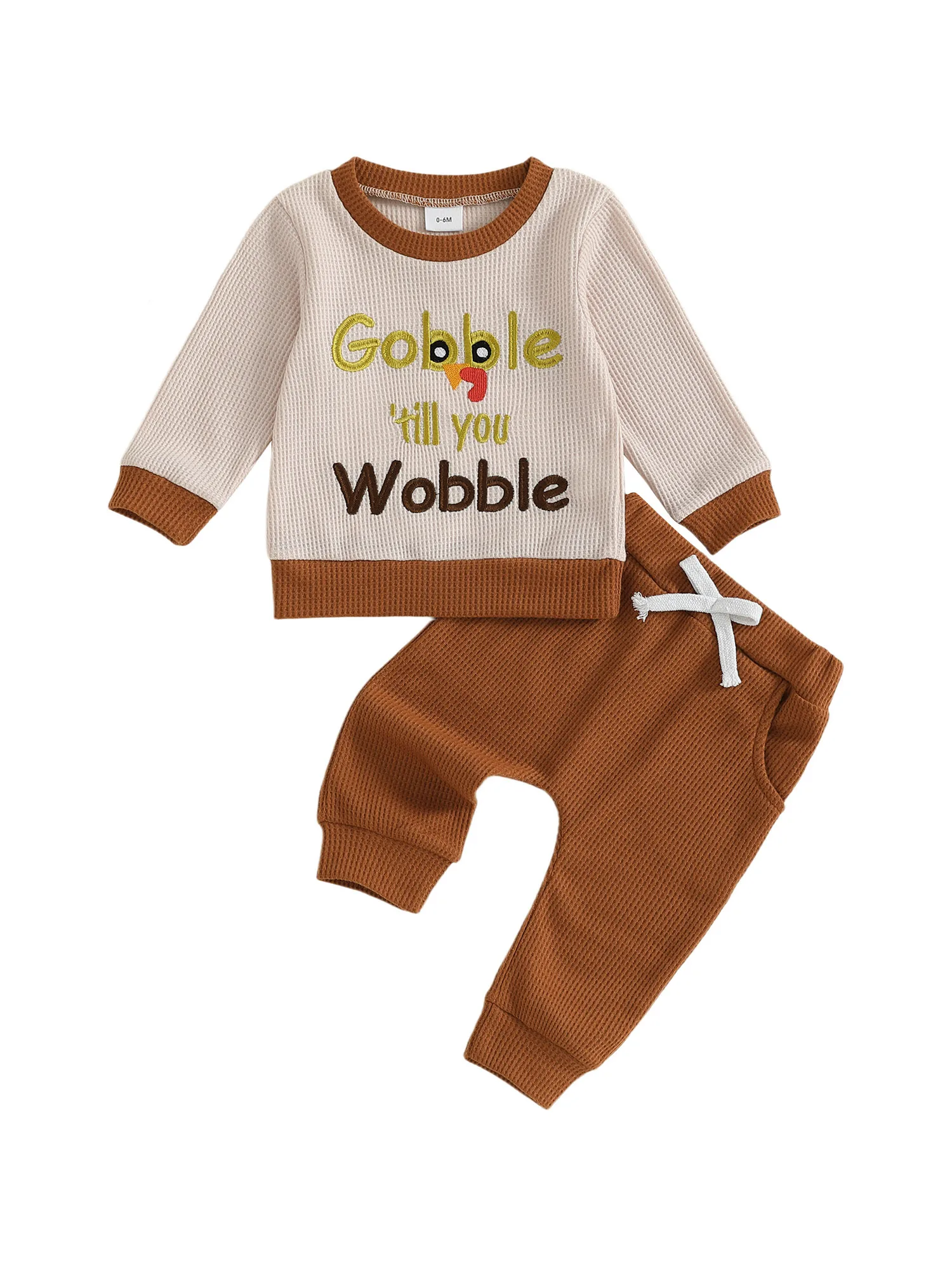 

Baby Boy Thanksgiving Outfits Turkey Print Long Sleeve Round Neck Pullover Elastic Waist Solid Pants 2 Pcs Set for Fall